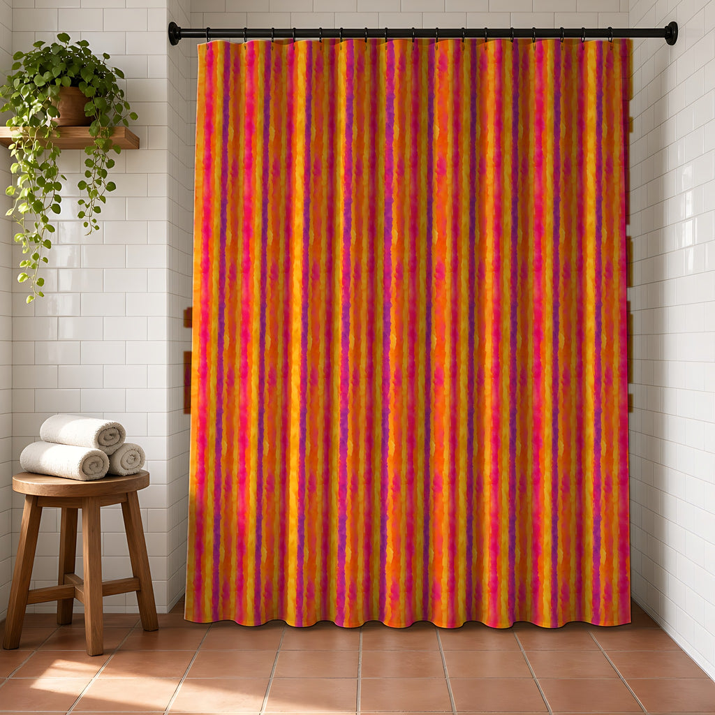 Bleed Stripe Ombre Shower Curtain in a bright bathroom with white tiles and a terracotta floor