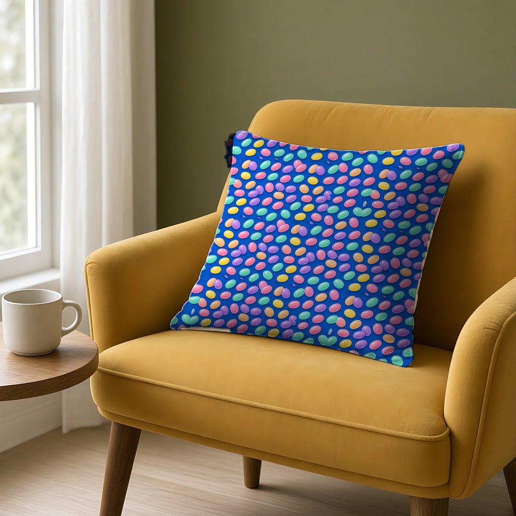Jelly Bean Scatter Faux Suede Cushion on a mustard armchair by a window
