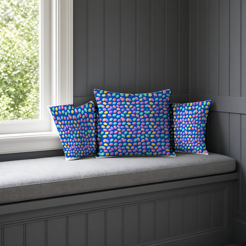 Jelly Bean Scatter Faux Suede Cushion on a window seat