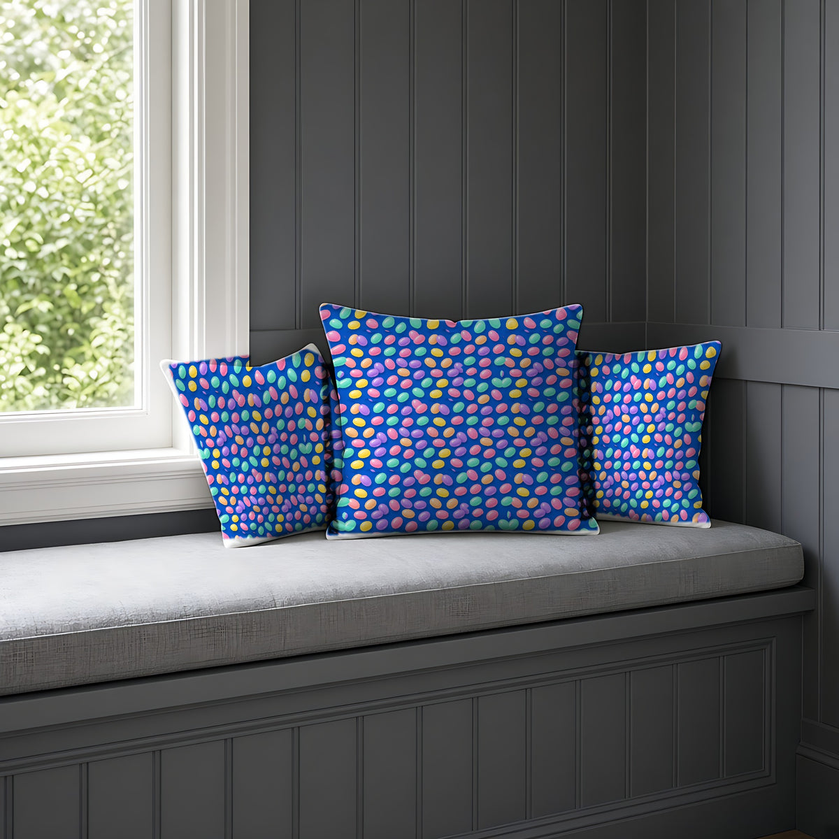 Jelly Bean Scatter Faux Suede Cushion on a window seat