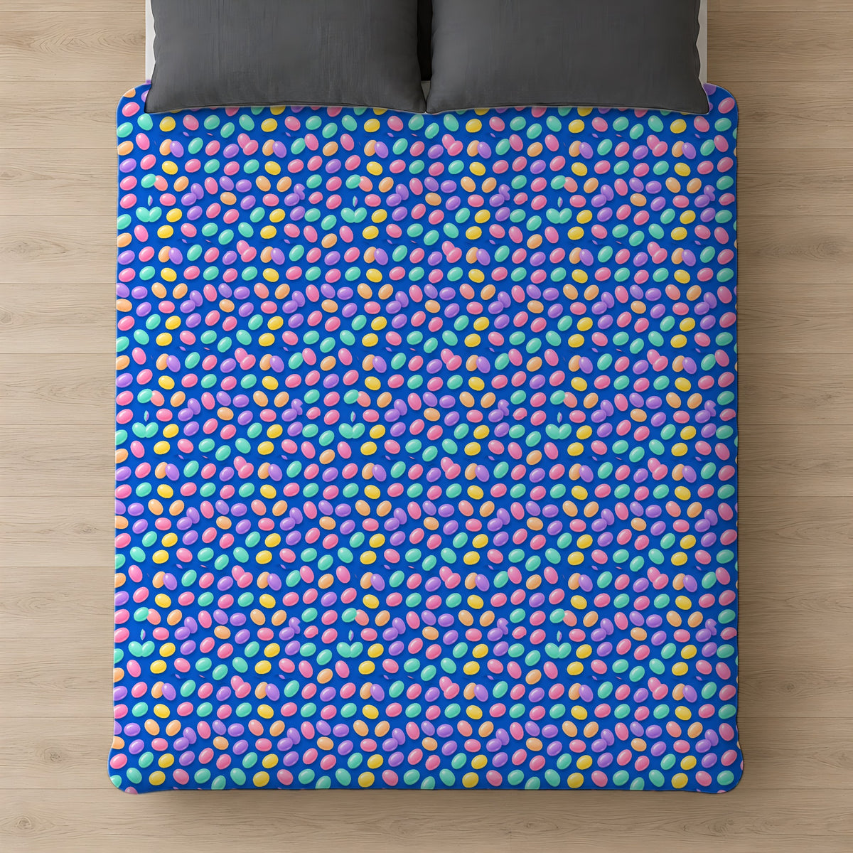 Jelly Bean Scatter Cotton Duvet Cover on a bed, seen from above