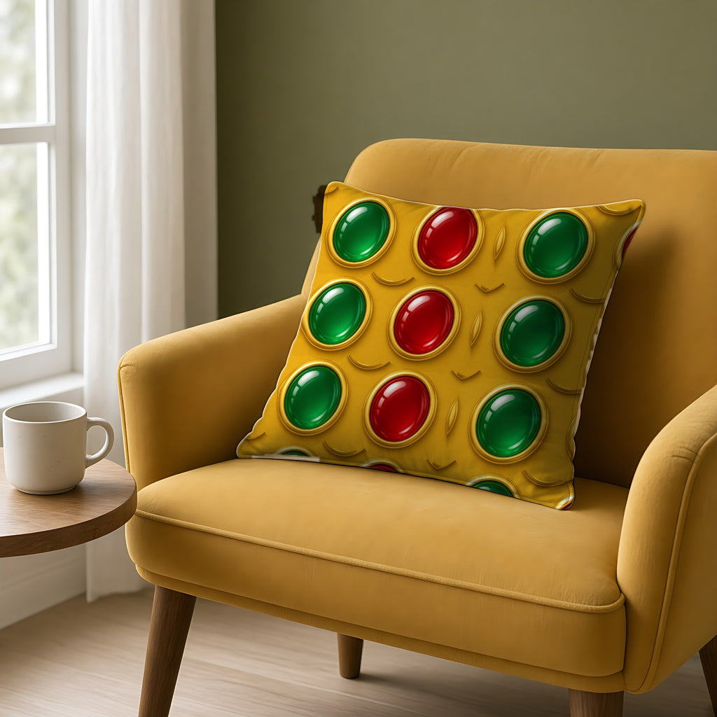 Grand Gold Cabochon Frames II Faux Suede Cushion on a mustard armchair by a window