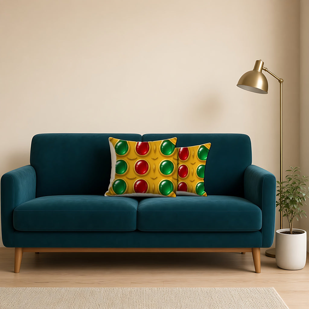Grand Gold Cabochon Frames II Faux Suede Cushion on a teal velvet sofa