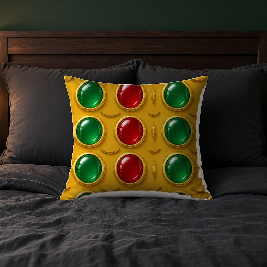 Grand Gold Cabochon Frames II Faux Suede Cushion on a bed with charcoal bedding