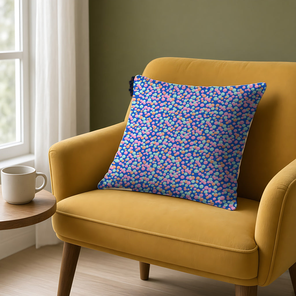 Bubble Cluster Pop Faux Suede Cushion on a mustard armchair by a window
