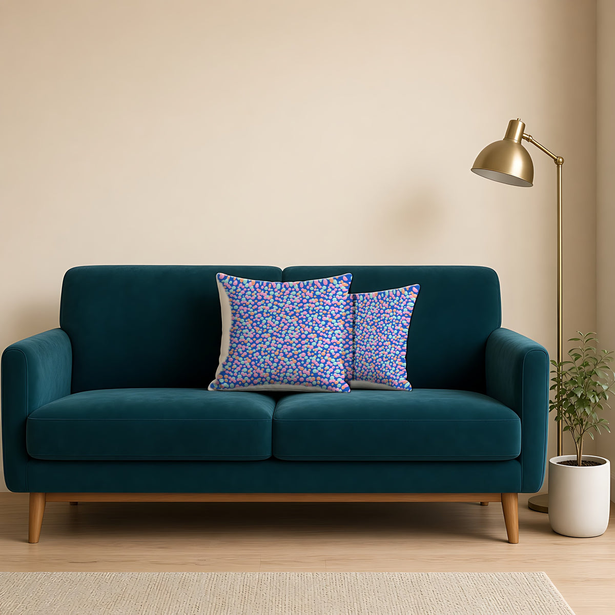 Bubble Cluster Pop Faux Suede Cushion on a teal velvet sofa
