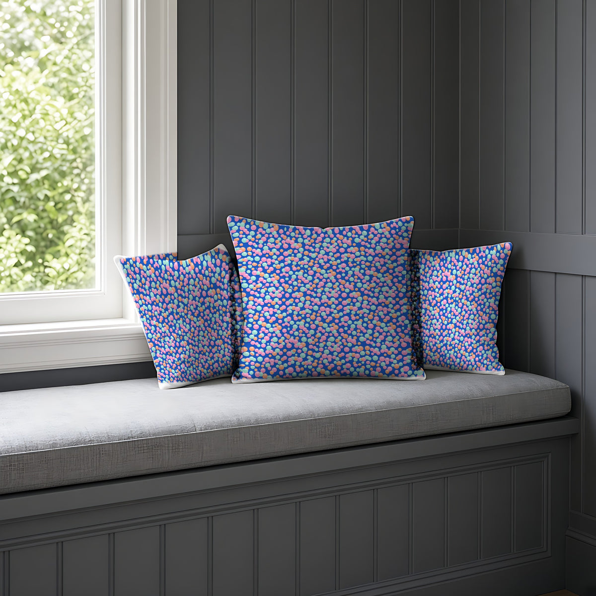 Bubble Cluster Pop Faux Suede Cushion on a window seat