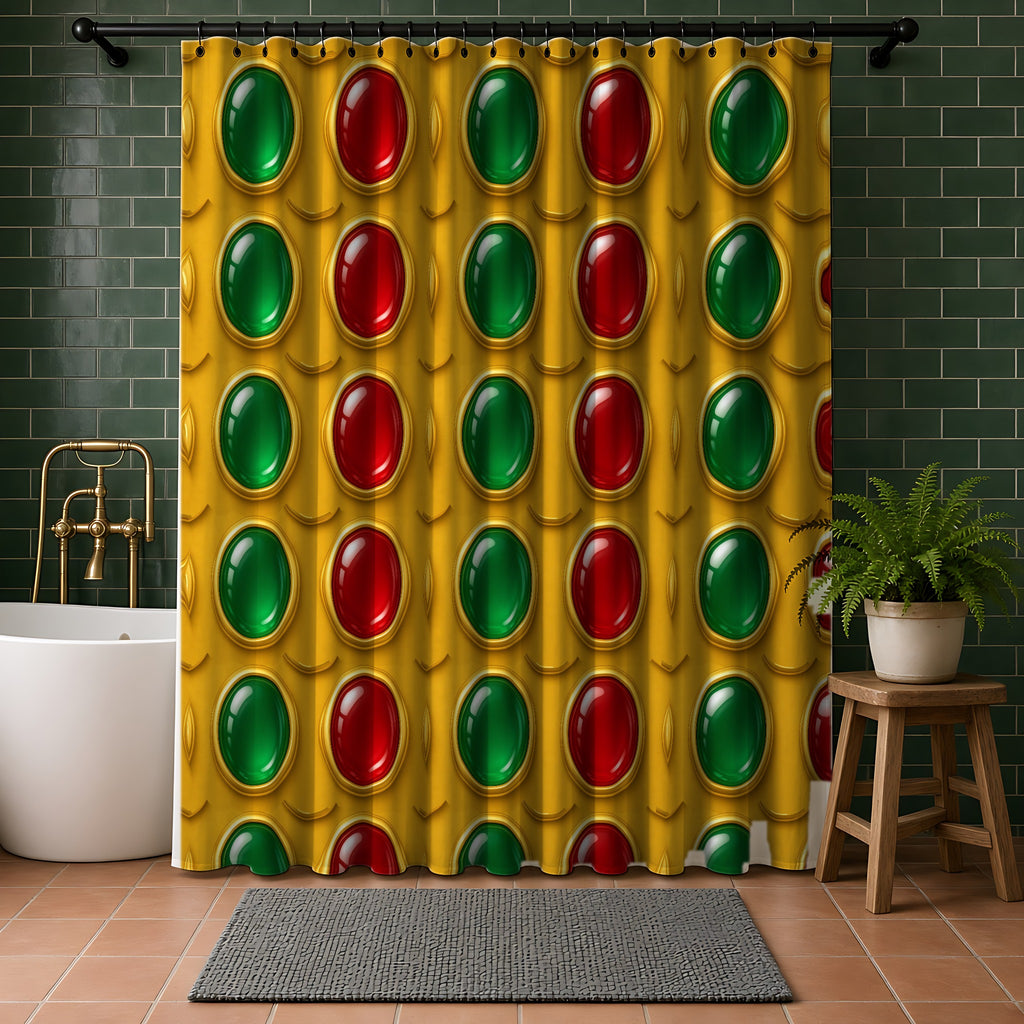 Grand Gold Cabochon Frames II Shower Curtain in a bathroom with dark green tiles