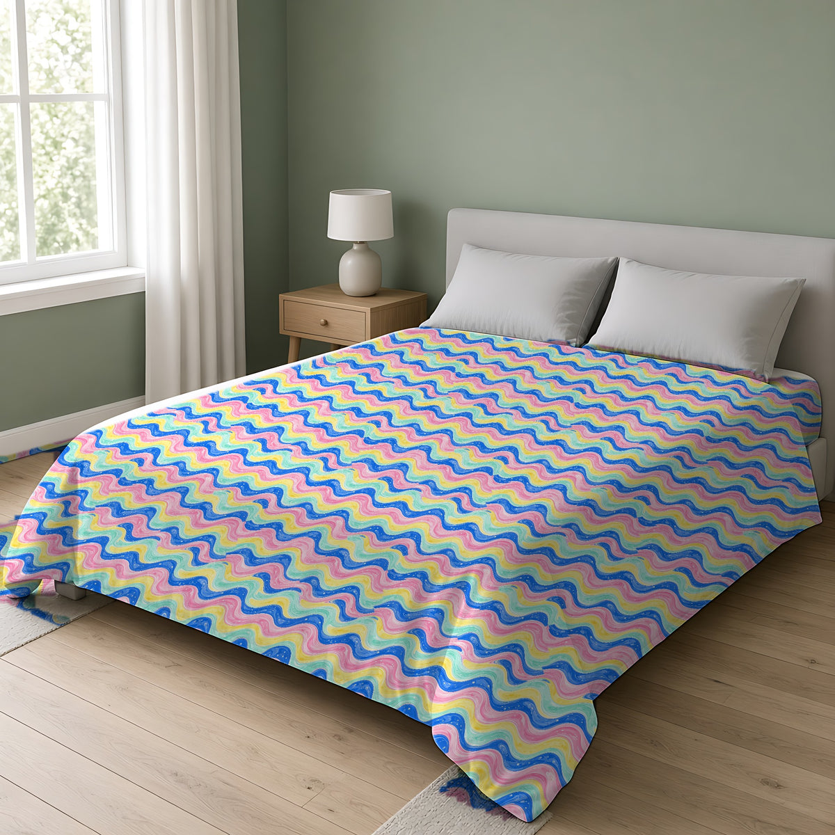 Icing Drip Waves Cotton Duvet Cover on a double bed in a bright sage-green bedroom