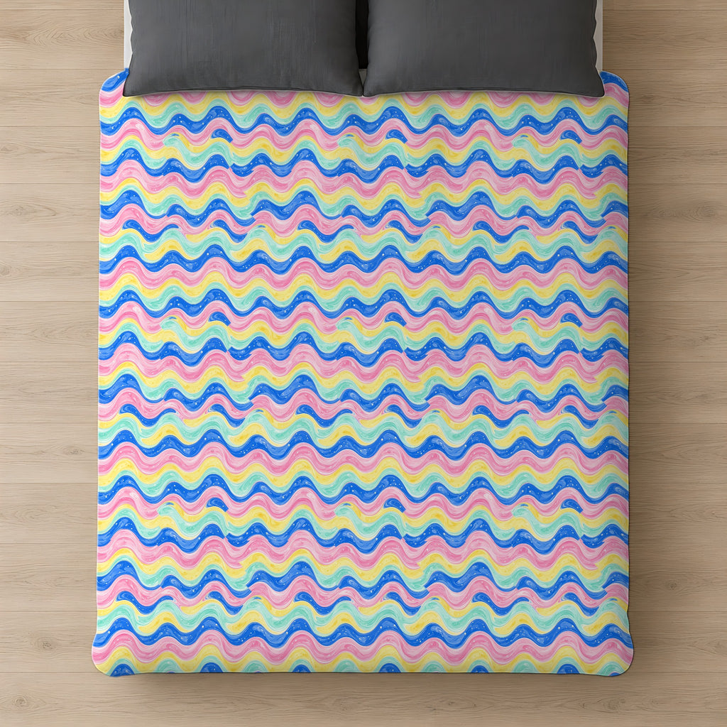 Icing Drip Waves Cotton Duvet Cover on a bed, seen from above