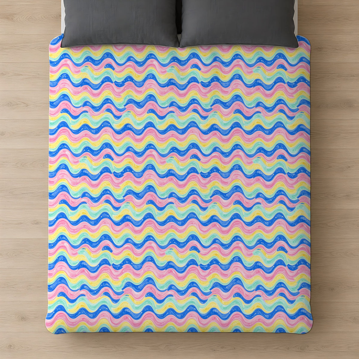 Icing Drip Waves Cotton Duvet Cover on a bed, seen from above
