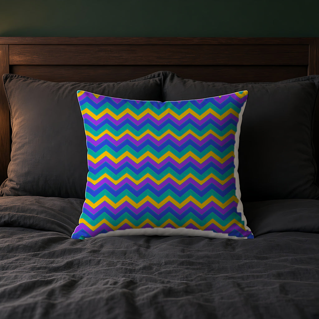 Jewel Chevron Bands Faux Suede Cushion on a bed with charcoal bedding