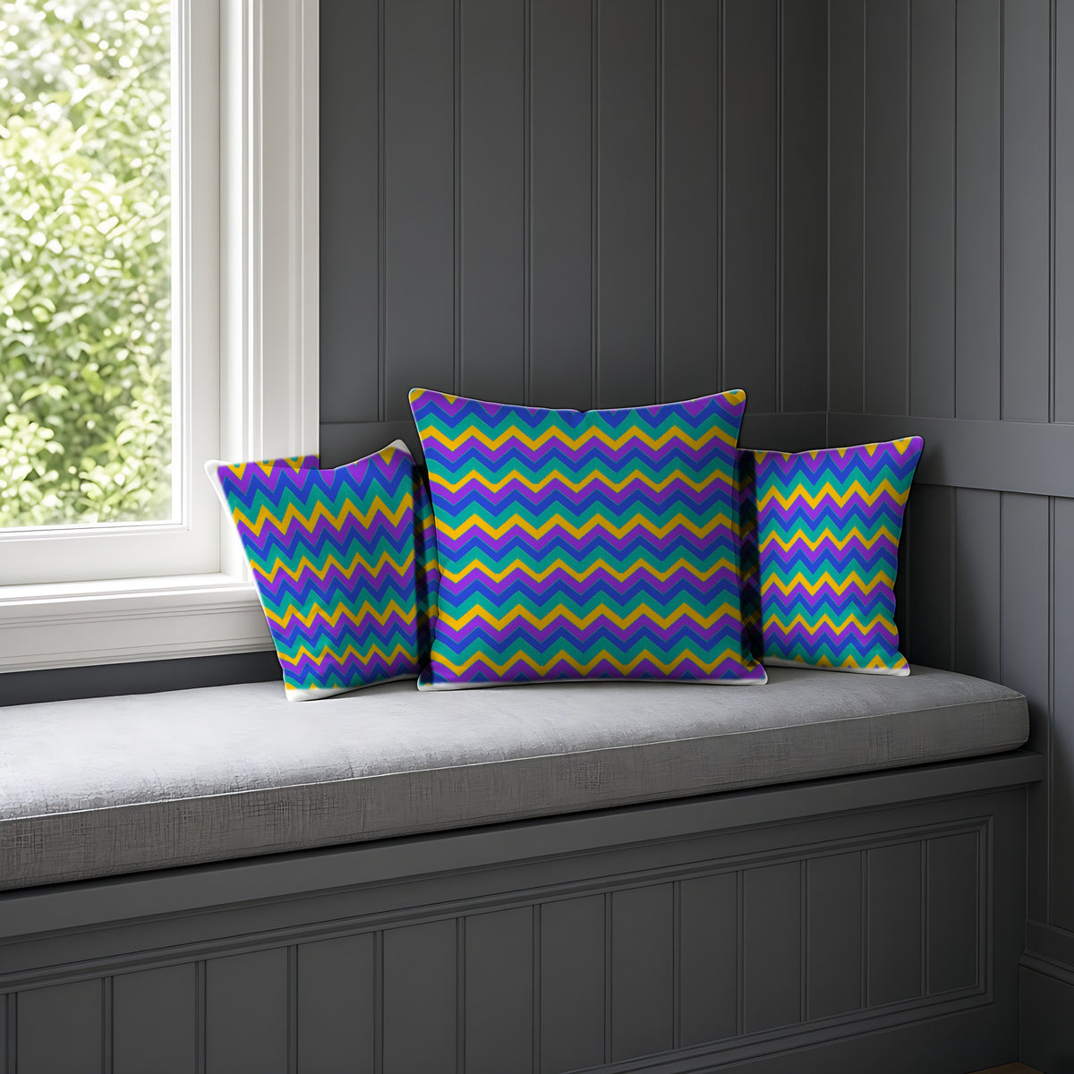 Jewel Chevron Bands Faux Suede Cushion on a window seat