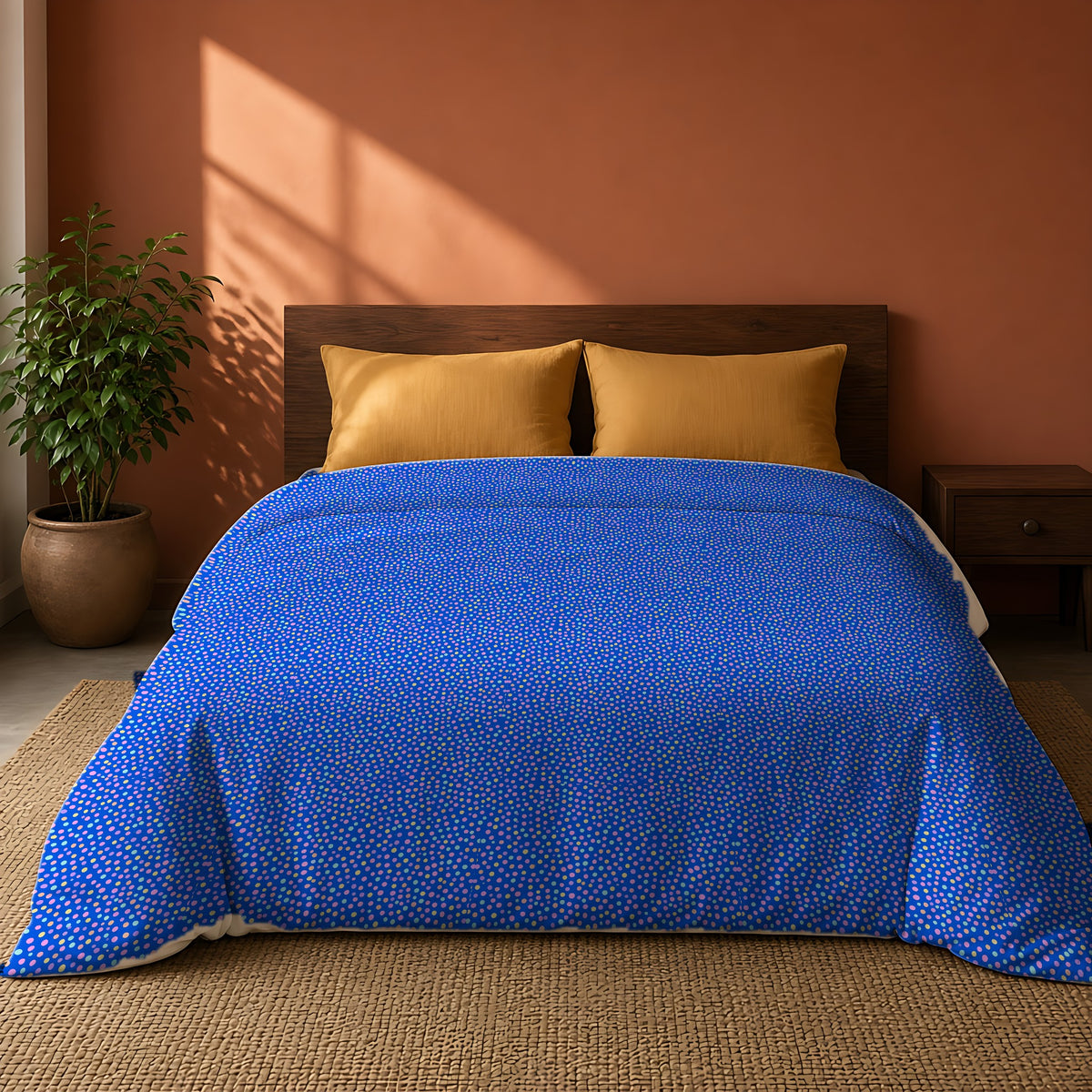 Sugar Confetti Cotton Duvet Cover on a king bed against a warm terracotta wall