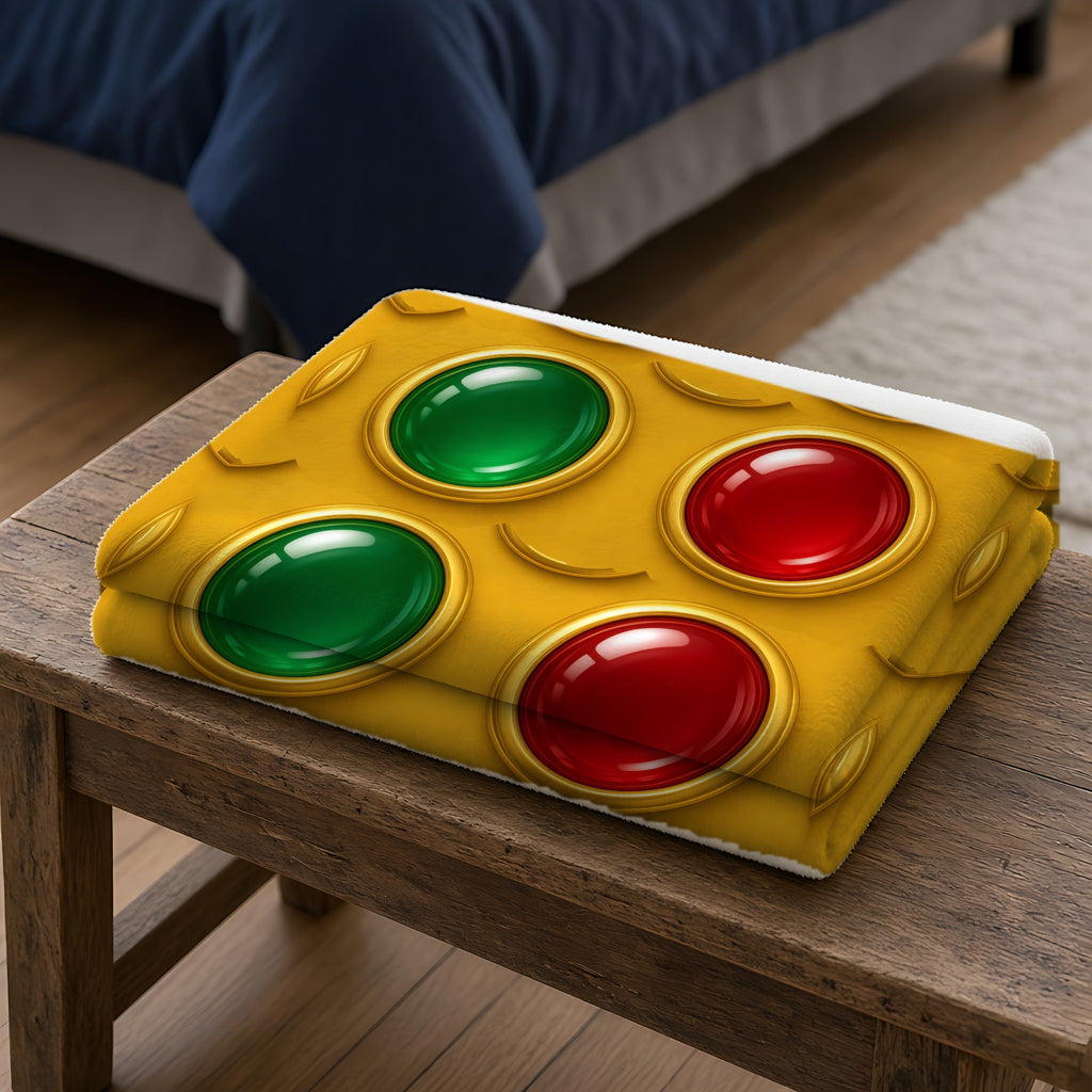 Grand Gold Cabochon Frames II Sherpa Fleece Blanket folded on a wooden bench
