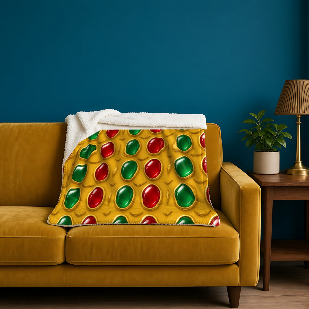 Grand Gold Cabochon Frames II sherpa fleece blanket in the Christmas Jewel Bright palette, draped over a mustard sofa against a deep-teal wall