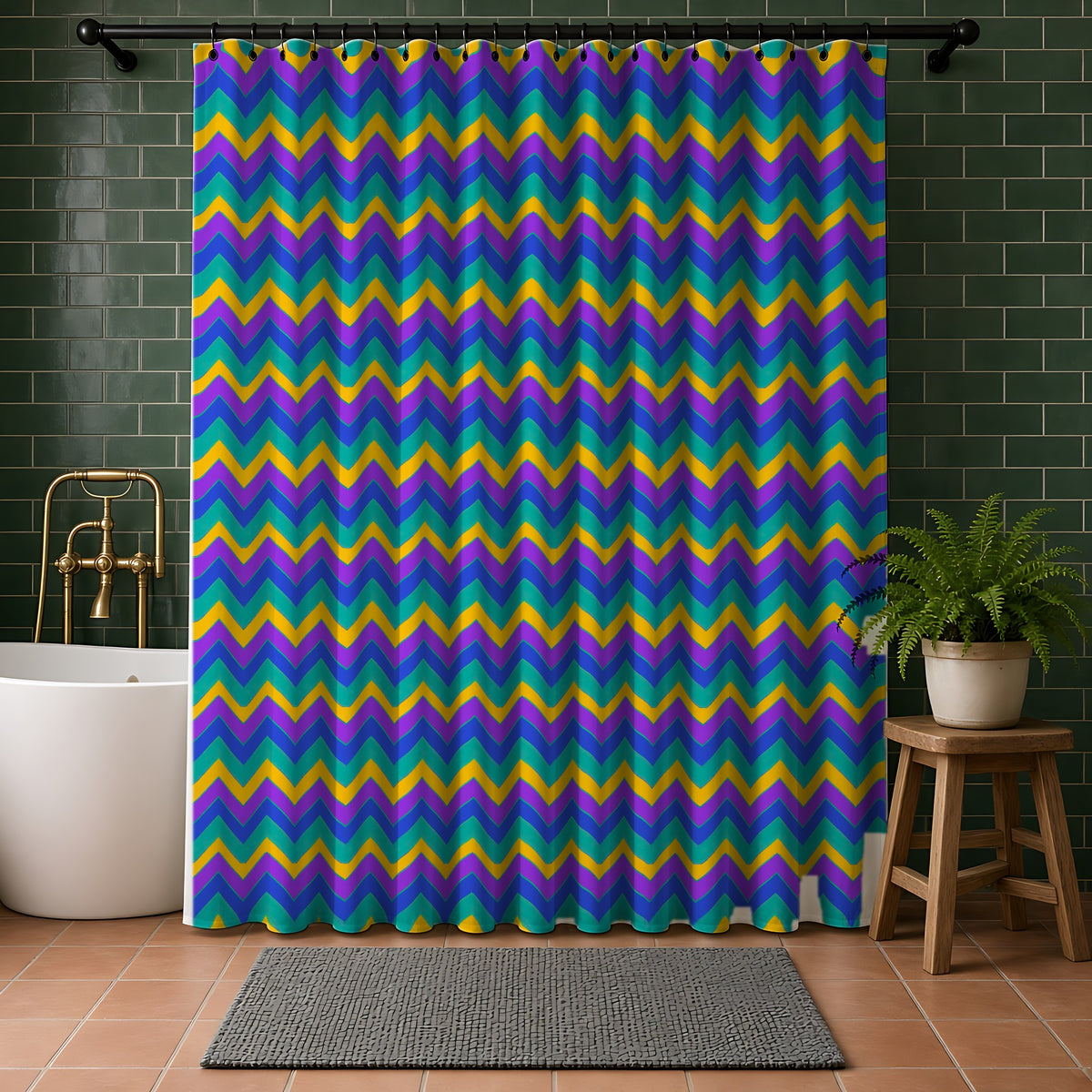Jewel Chevron Bands Shower Curtain in a bathroom with dark green tiles