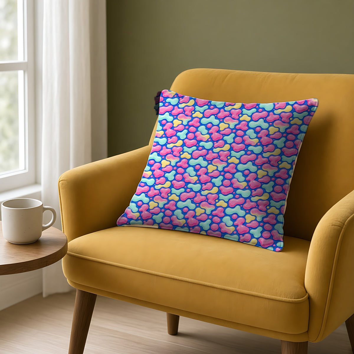 Pastel Lava Blobs Faux Suede Cushion on a mustard armchair by a window