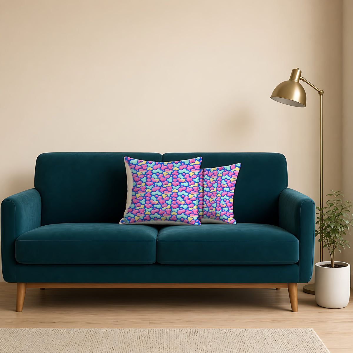 Pastel Lava Blobs Faux Suede Cushion on a teal velvet sofa