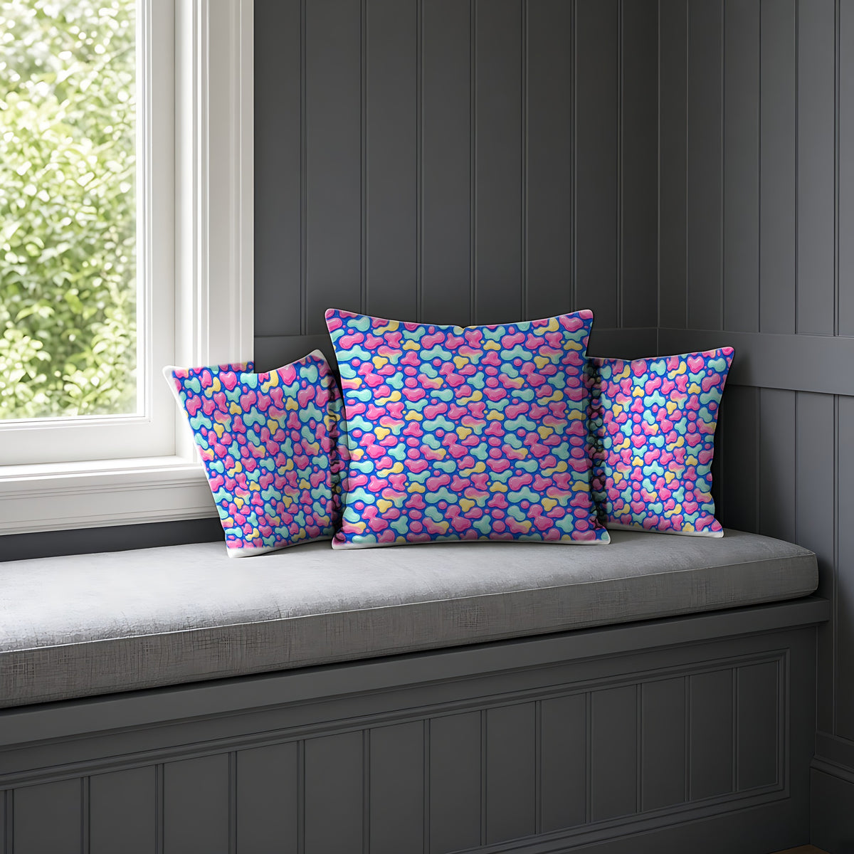 Pastel Lava Blobs Faux Suede Cushion on a window seat