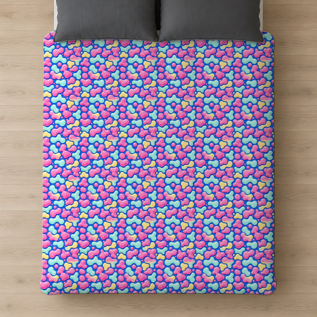 Pastel Lava Blobs Cotton Duvet Cover on a bed, seen from above