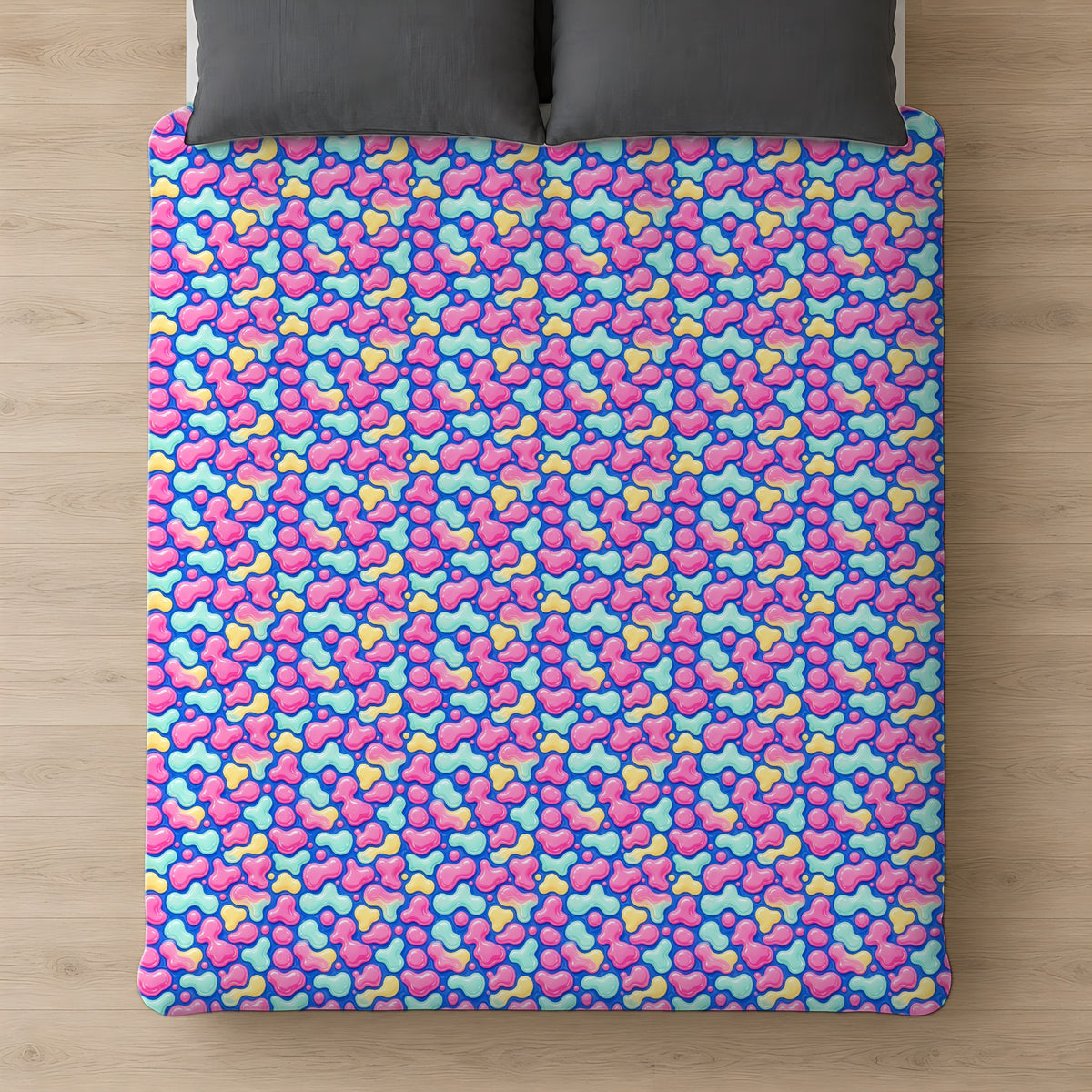 Pastel Lava Blobs Cotton Duvet Cover on a bed, seen from above