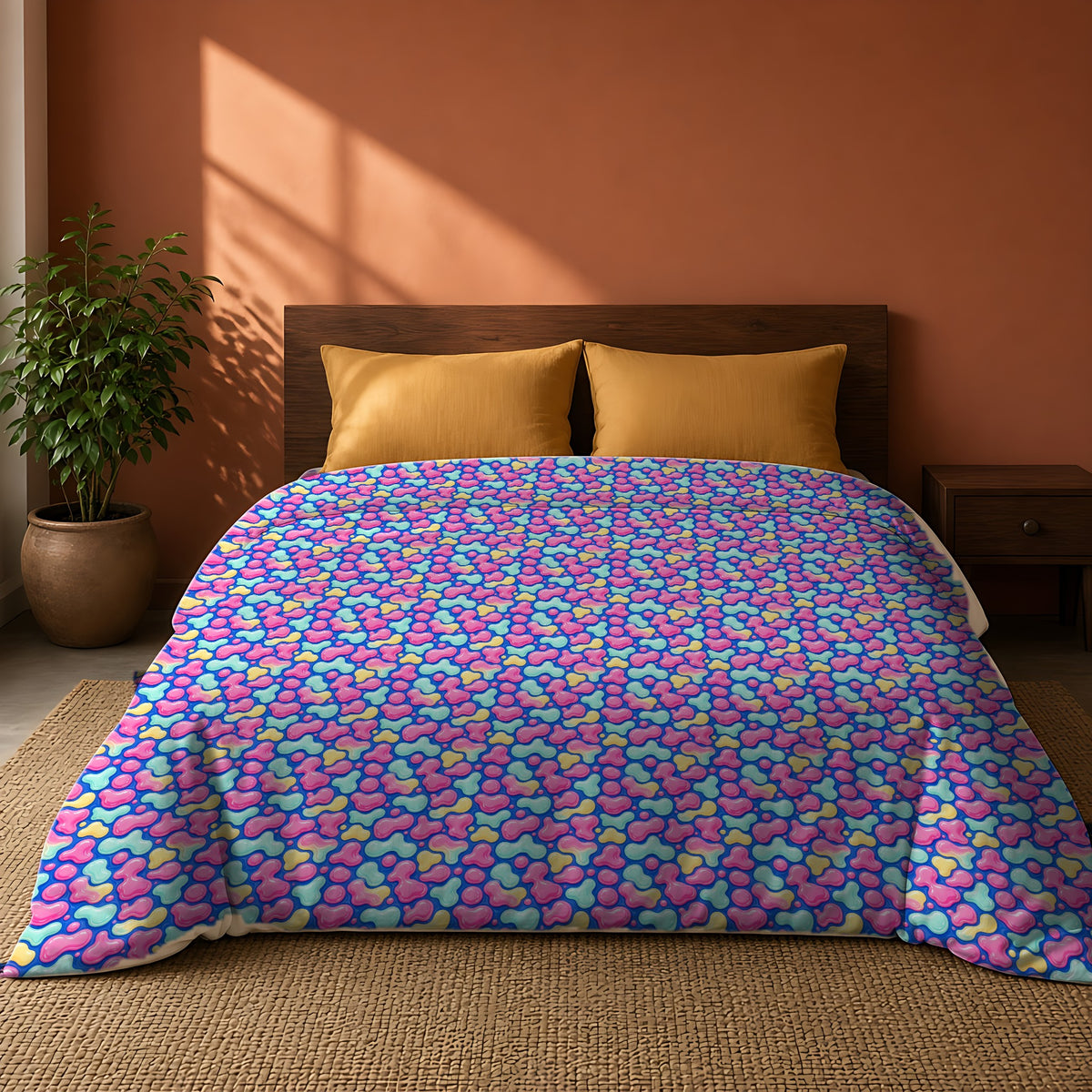 Pastel Lava Blobs Cotton Duvet Cover on a king bed against a warm terracotta wall