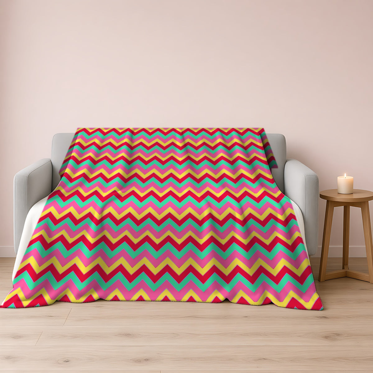 Jewel Chevron Bands Sherpa Fleece Blanket draped over a grey sofa