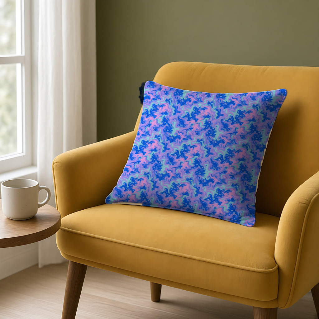 Candy Marble Veins Faux Suede Cushion on a mustard armchair by a window