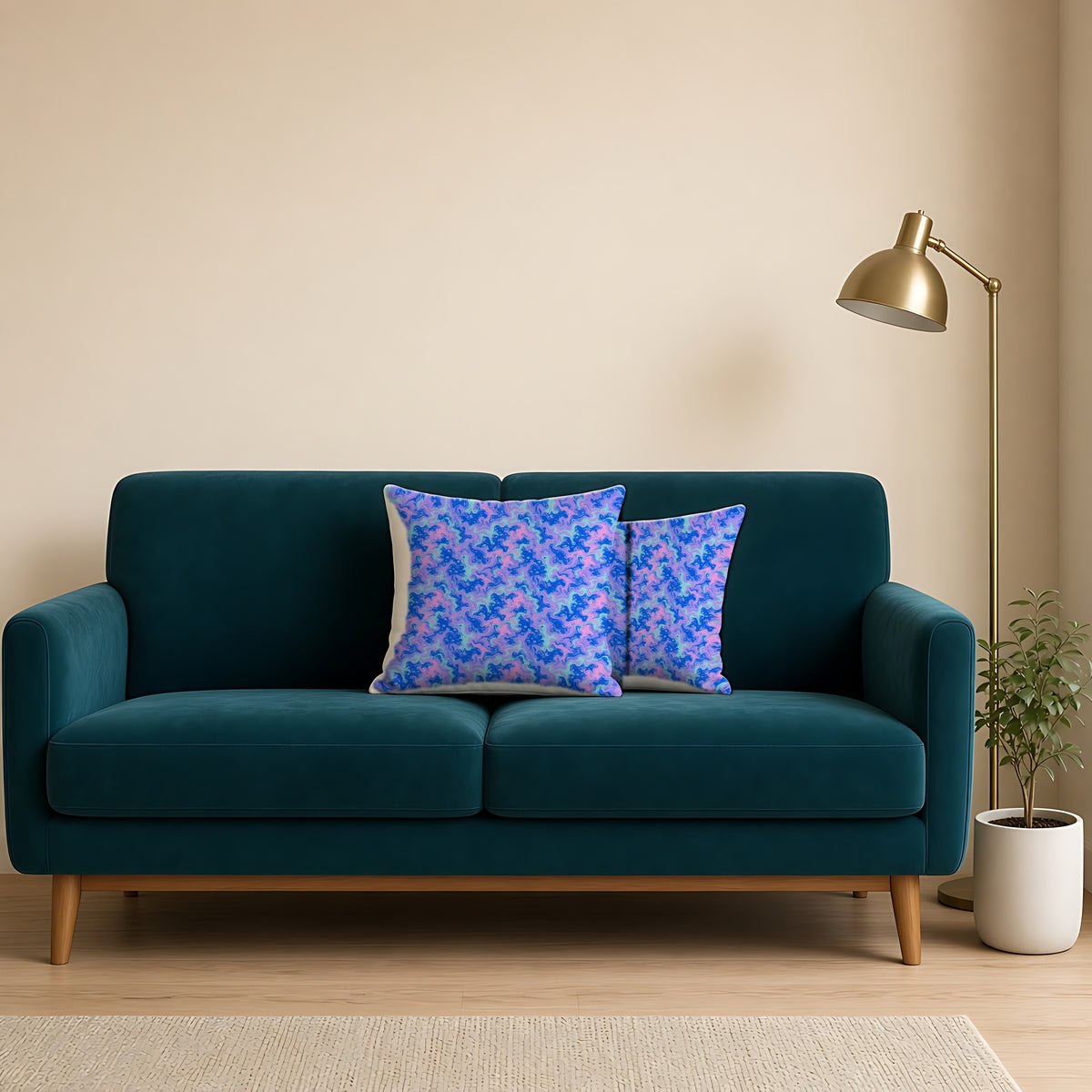 Candy Marble Veins Faux Suede Cushion on a teal velvet sofa