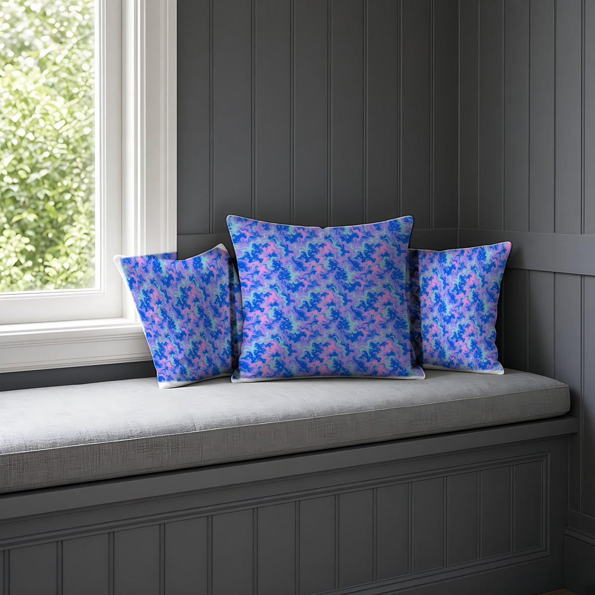 Candy Marble Veins Faux Suede Cushion on a window seat