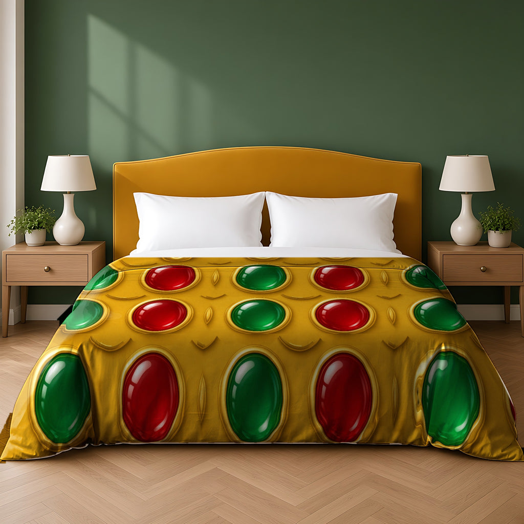 Grand Gold Cabochon Frames II cotton duvet cover in the Christmas Jewel Bright palette, on a bed with a mustard headboard against a forest-green wall