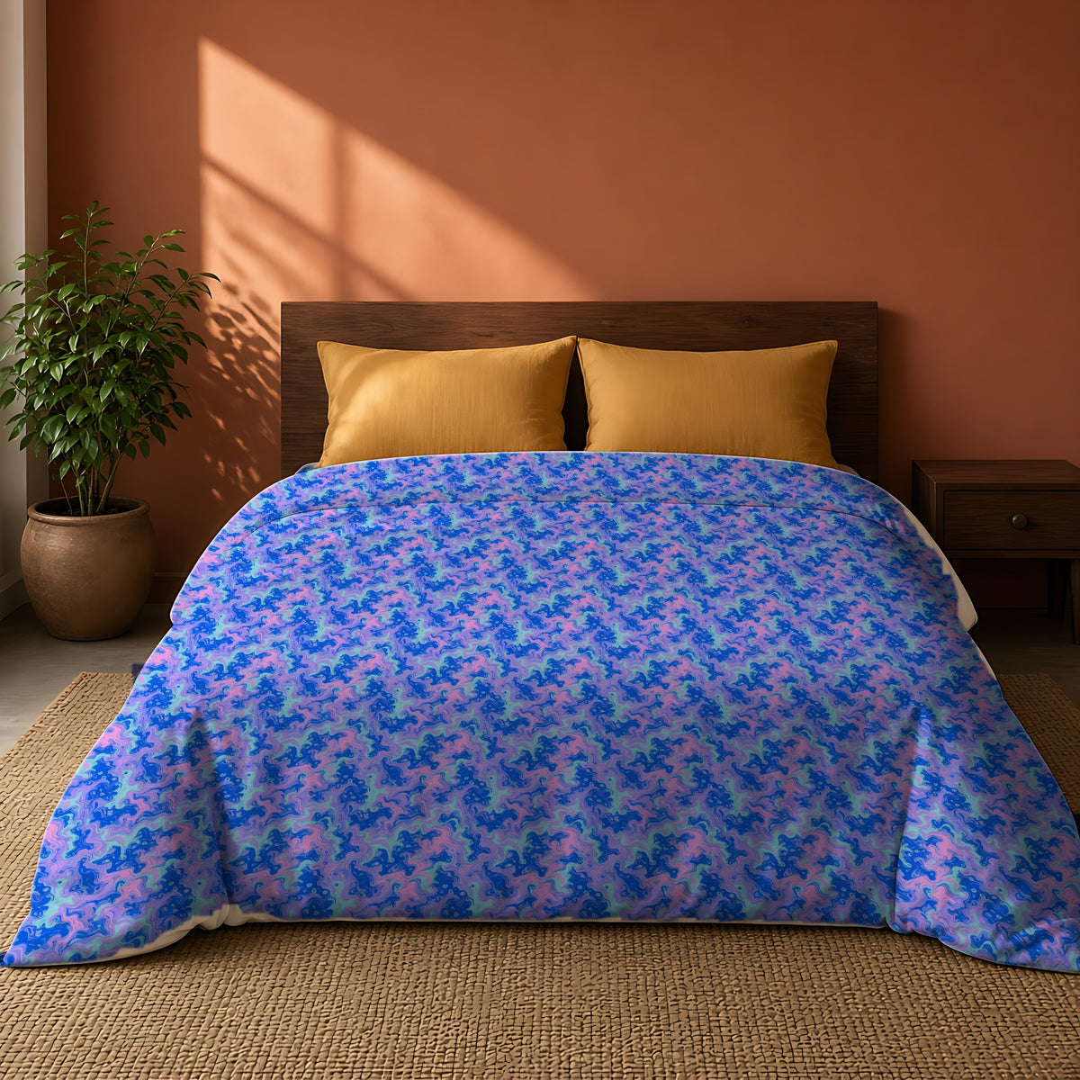 Candy Marble Veins Cotton Duvet Cover on a king bed against a warm terracotta wall
