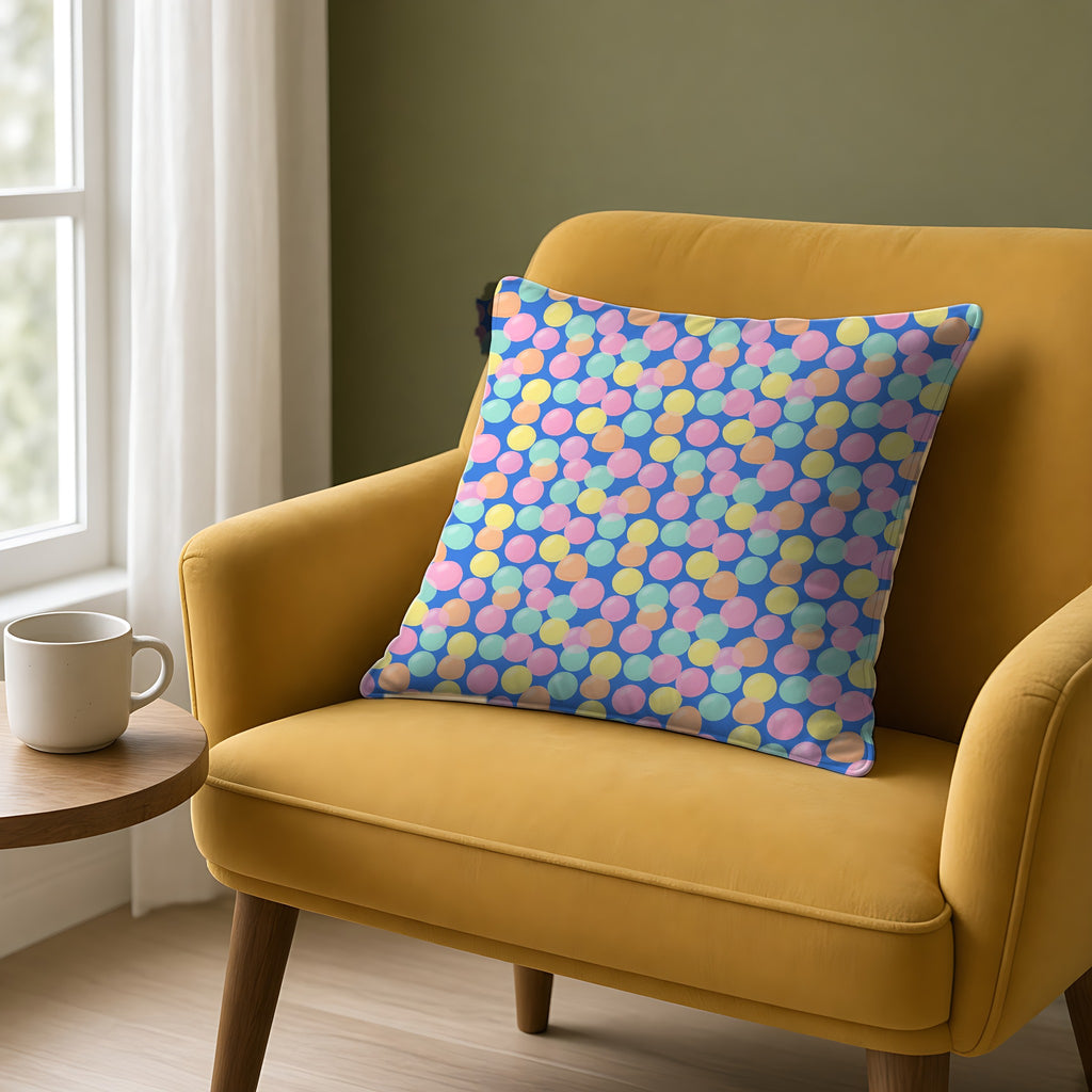 Gumdrop Orbs Faux Suede Cushion on a mustard armchair by a window