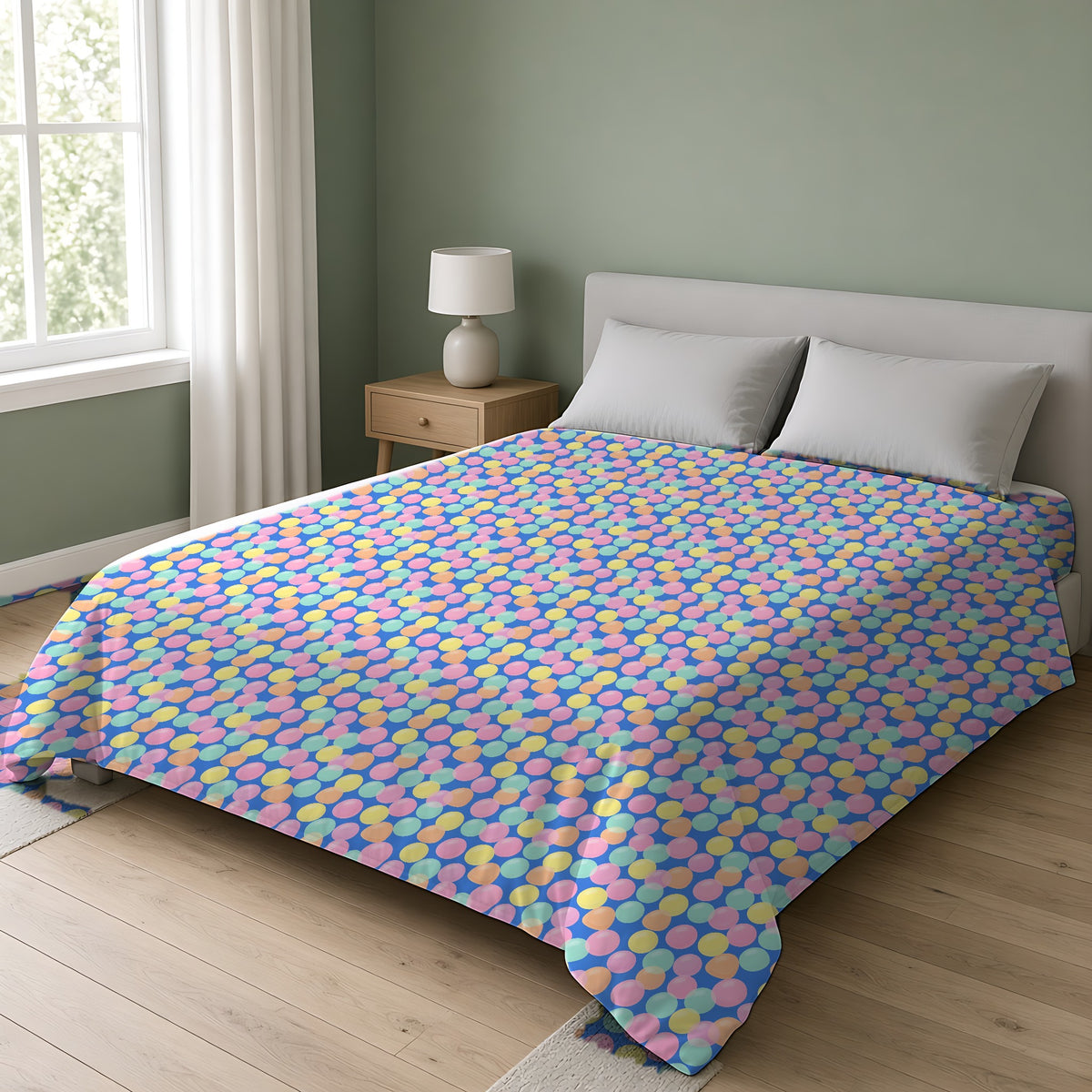 Gumdrop Orbs Cotton Duvet Cover on a double bed in a bright sage-green bedroom