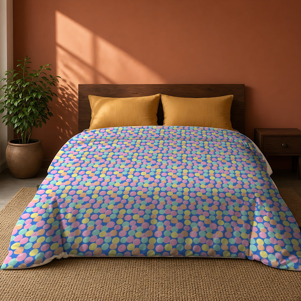 Gumdrop Orbs Cotton Duvet Cover on a king bed against a warm terracotta wall