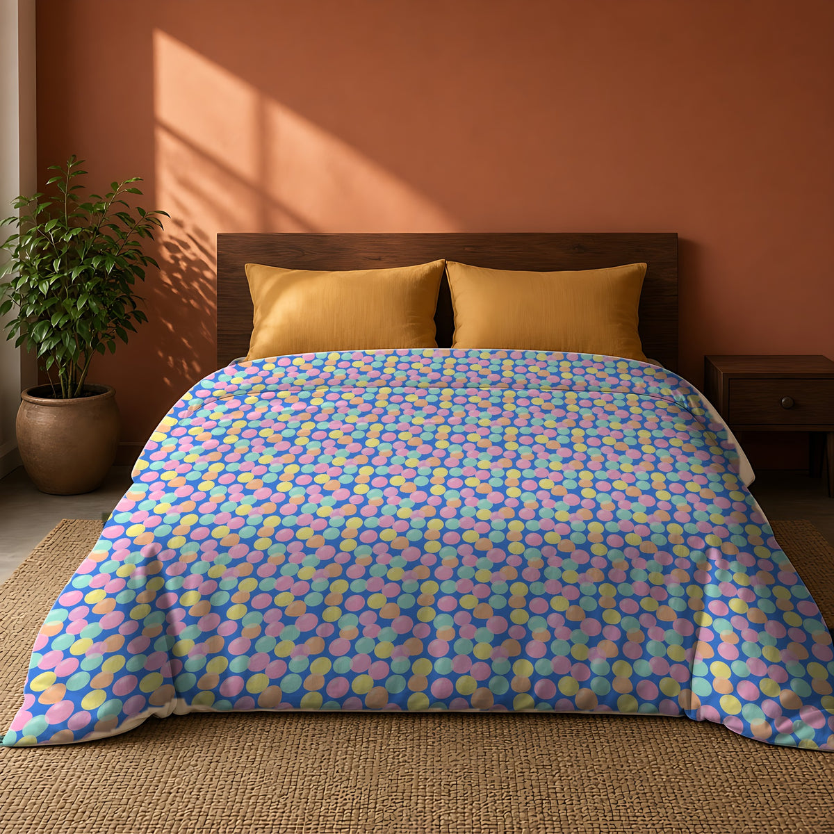 Gumdrop Orbs Cotton Duvet Cover on a king bed against a warm terracotta wall