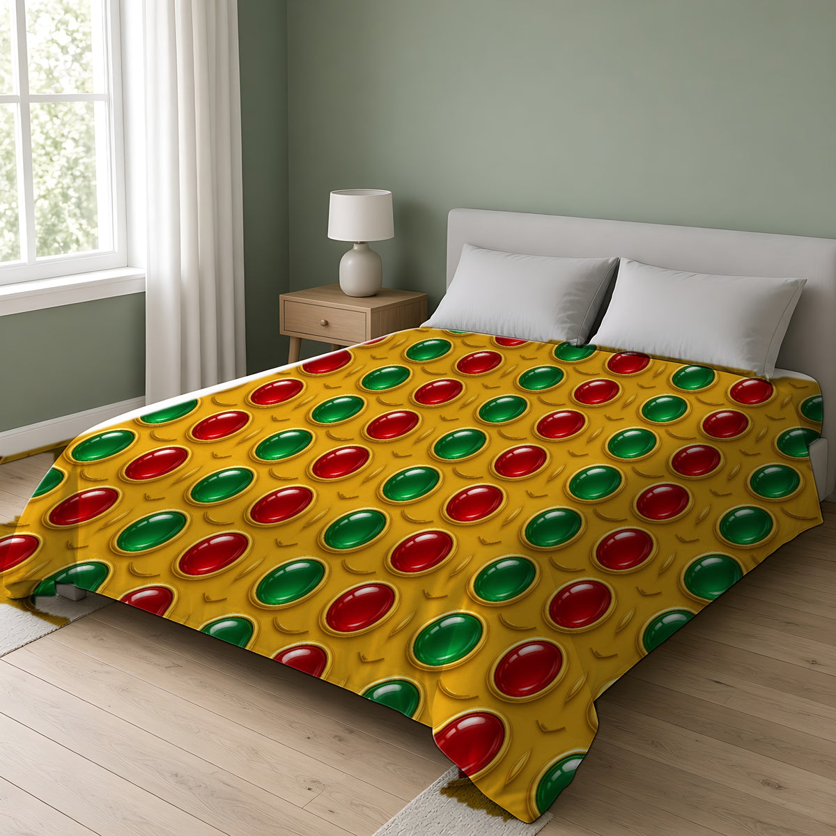 Grand Gold Cabochon Frames II Comforter on a double bed in a bright sage-green bedroom