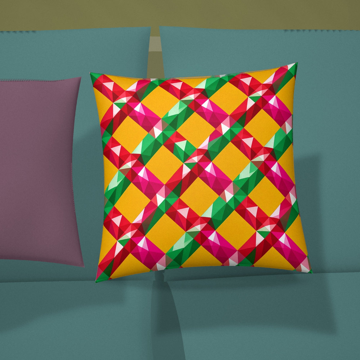 Big Jewel Prism Weave II Faux Suede Cushion styled on a sofa