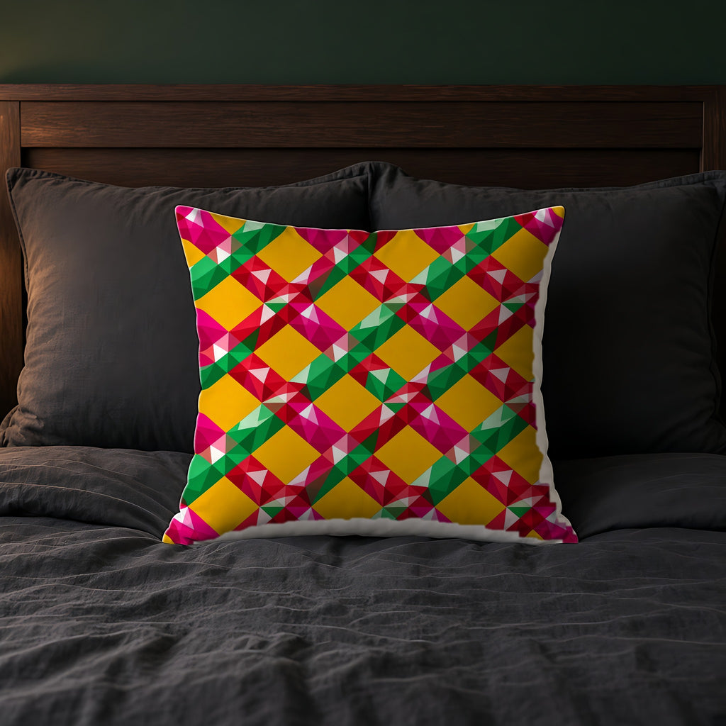 Big Jewel Prism Weave II Faux Suede Cushion on a bed with charcoal bedding