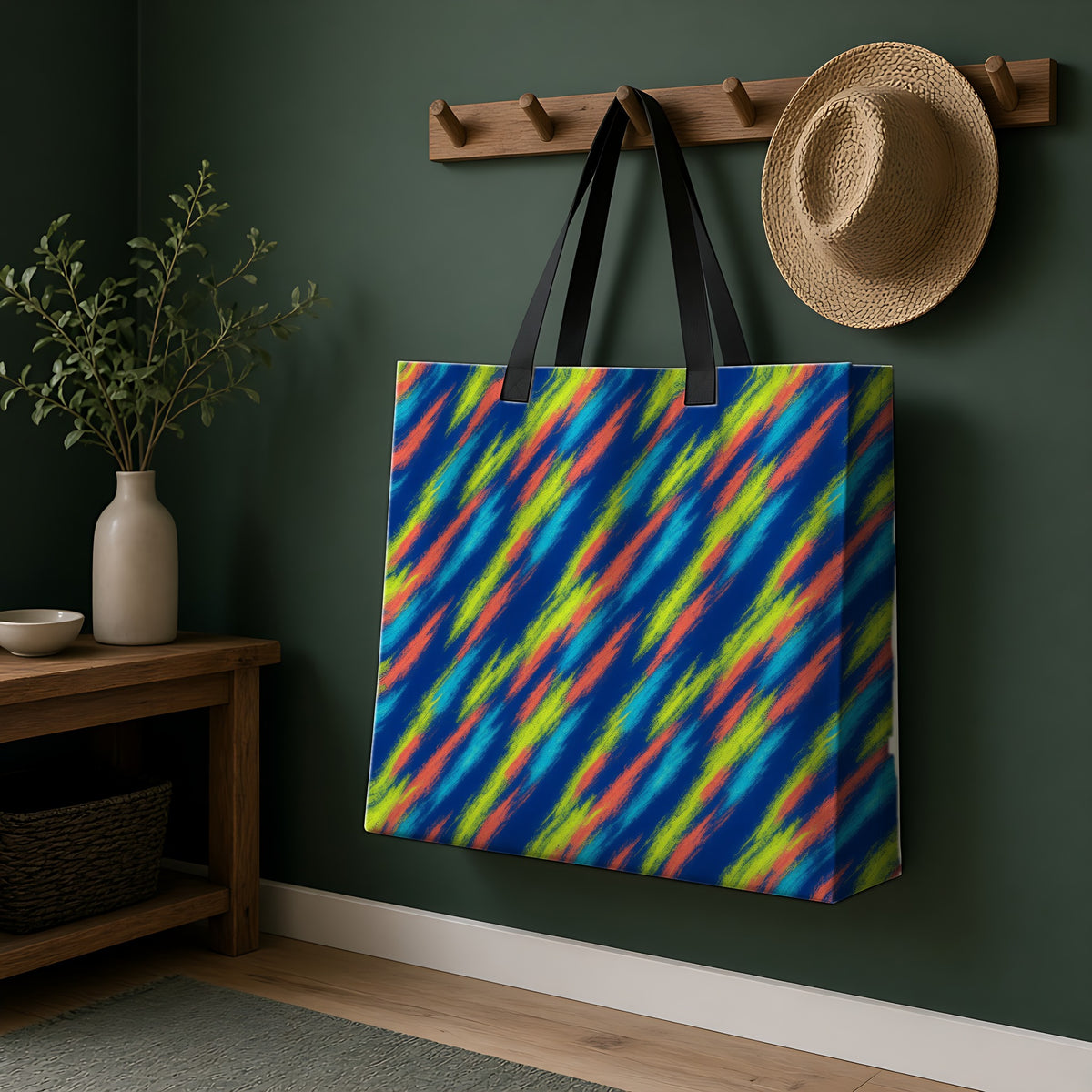 Arashi Neon Streaks Weekender Tote Bag hanging on a peg rail in a green hallway