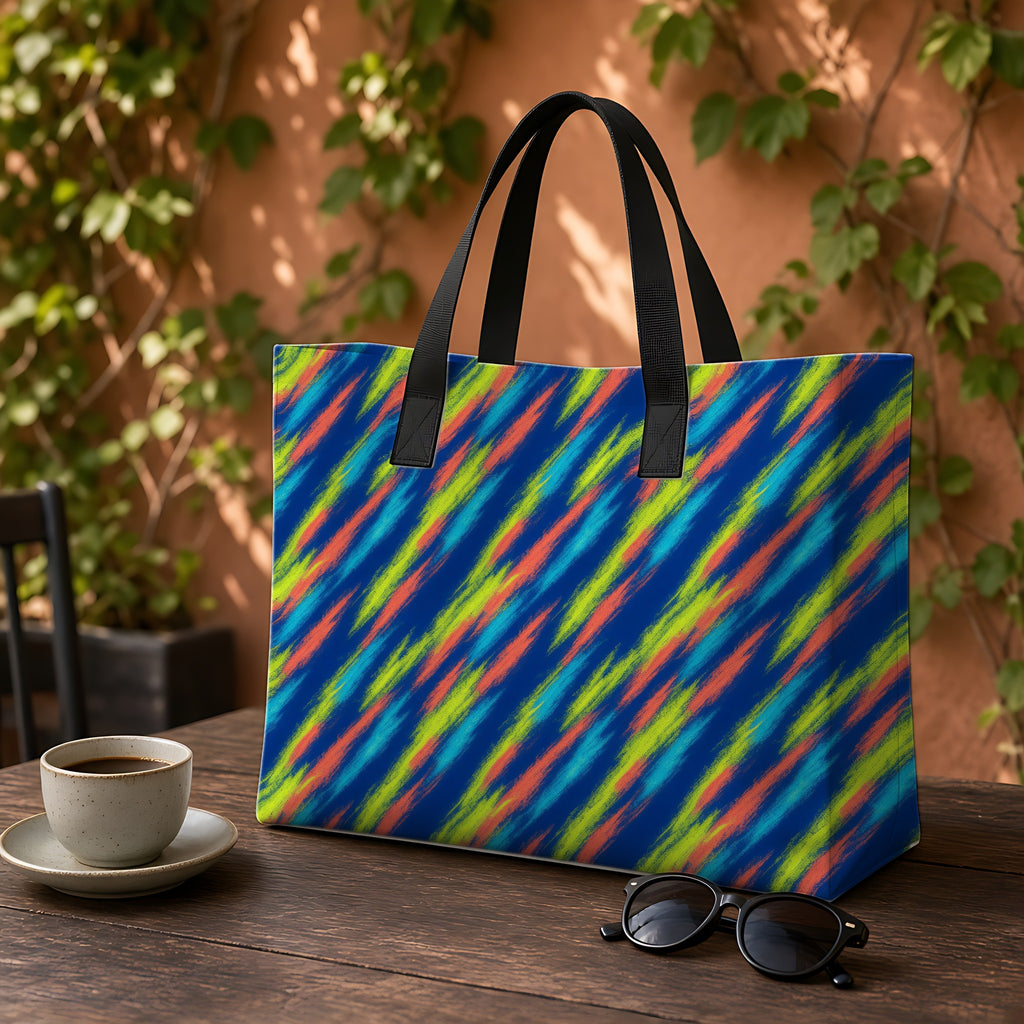 Arashi Neon Streaks Weekender Tote Bag on a garden café table