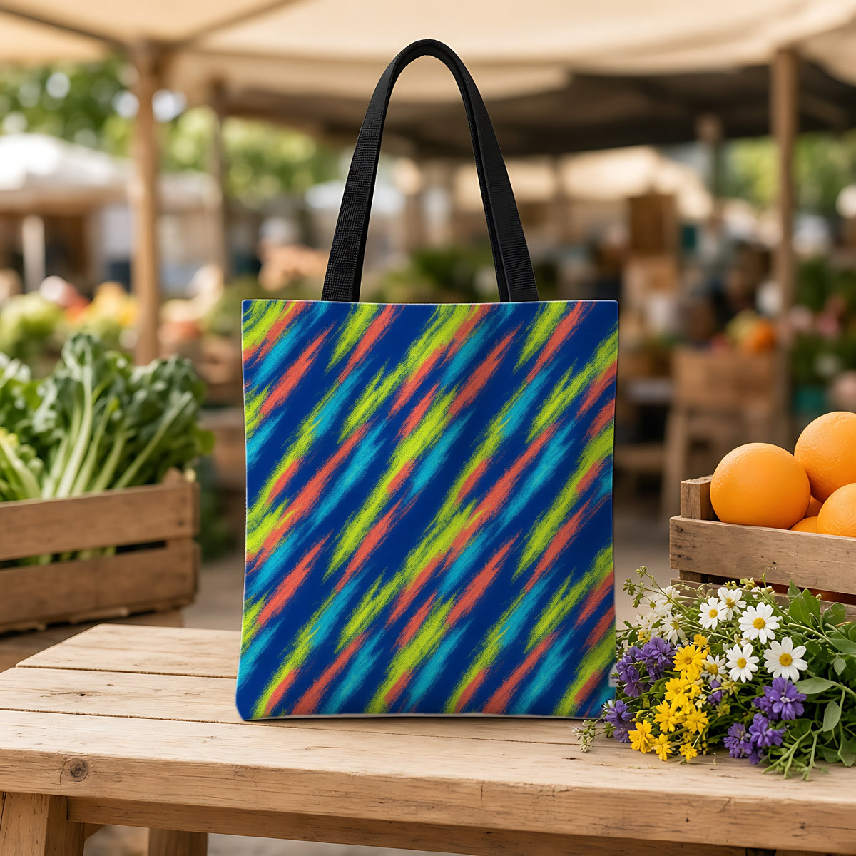 Arashi Neon Streaks Weekender Tote Bag on a wooden bench at a farmers market