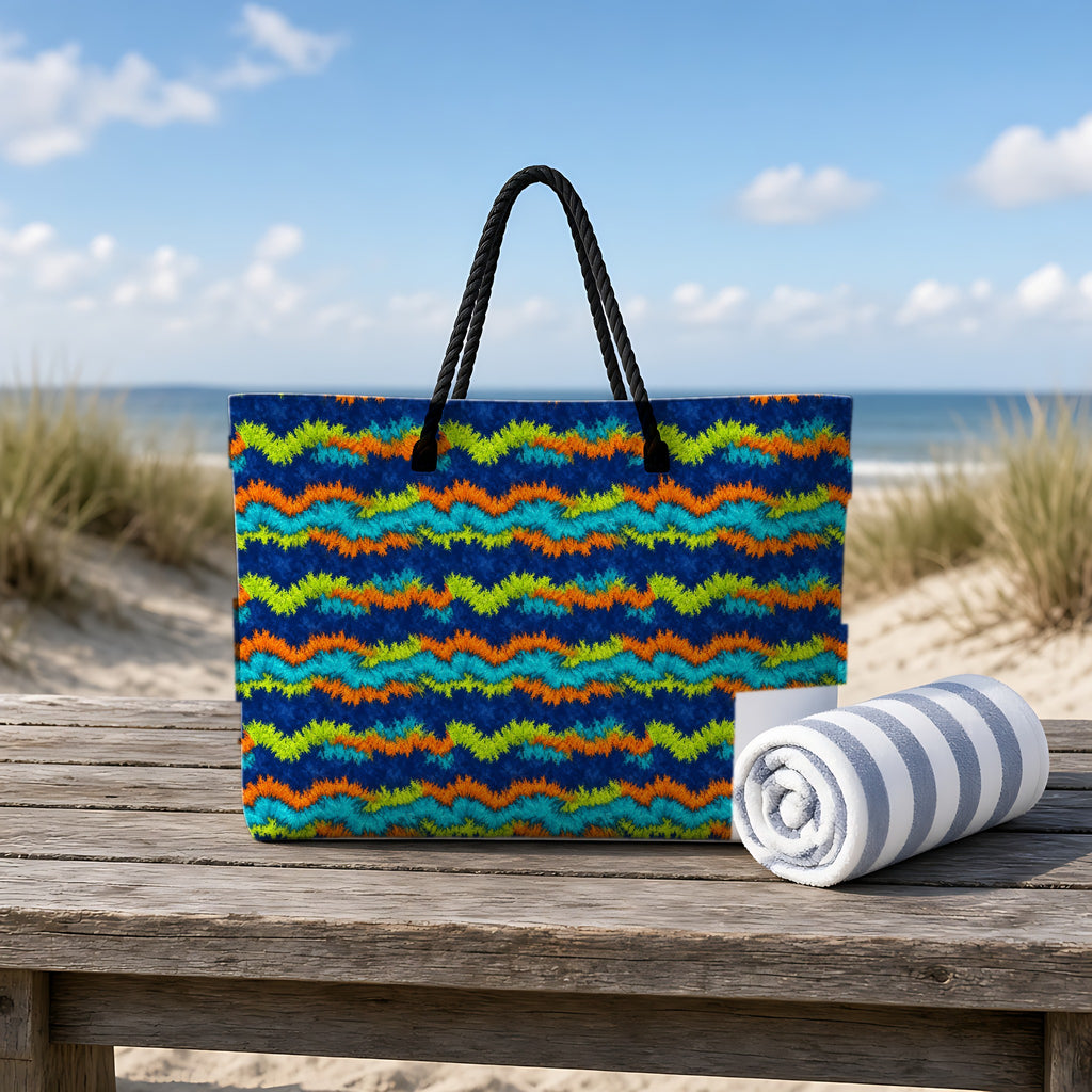 Crinkle Fold Bands Weekender Tote Bag on a rustic table by the beach