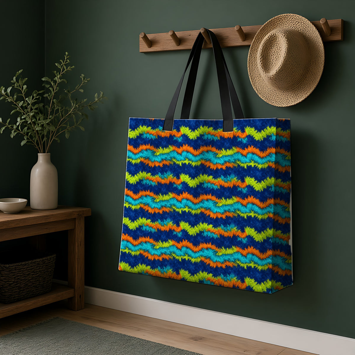 Crinkle Fold Bands Weekender Tote Bag hanging on a peg rail in a green hallway