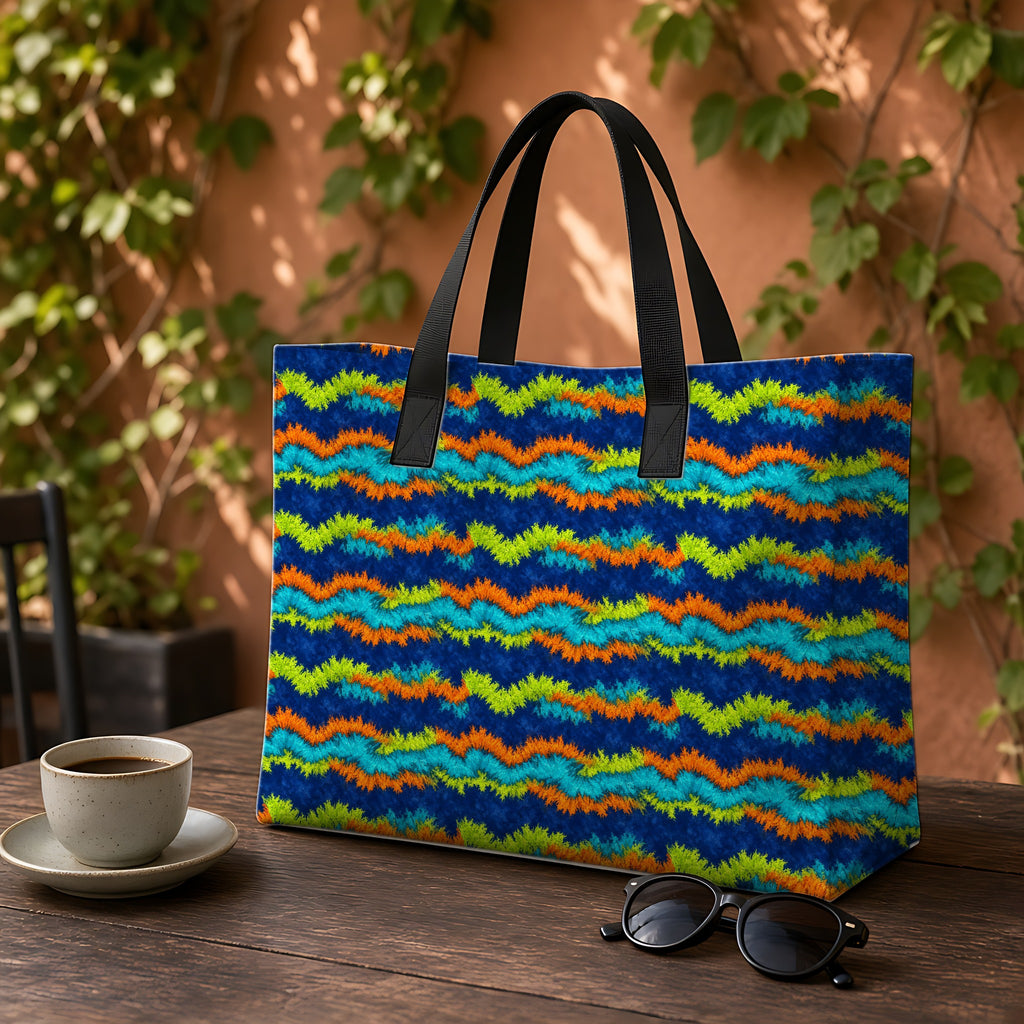 Crinkle Fold Bands Weekender Tote Bag on a garden café table