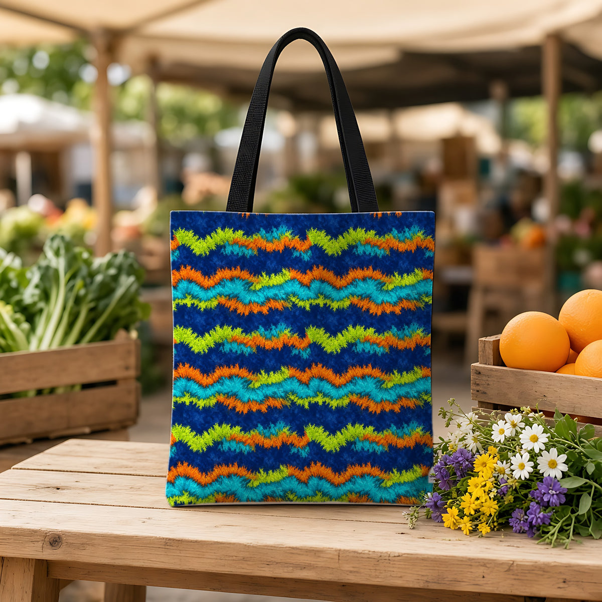 Crinkle Fold Bands Weekender Tote Bag on a wooden bench at a farmers market