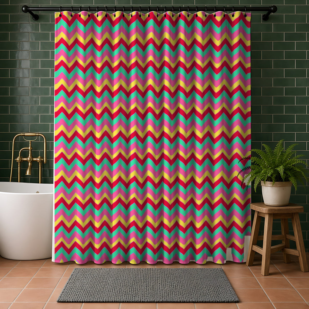 Jewel Chevron Bands Shower Curtain in a bathroom with dark green tiles