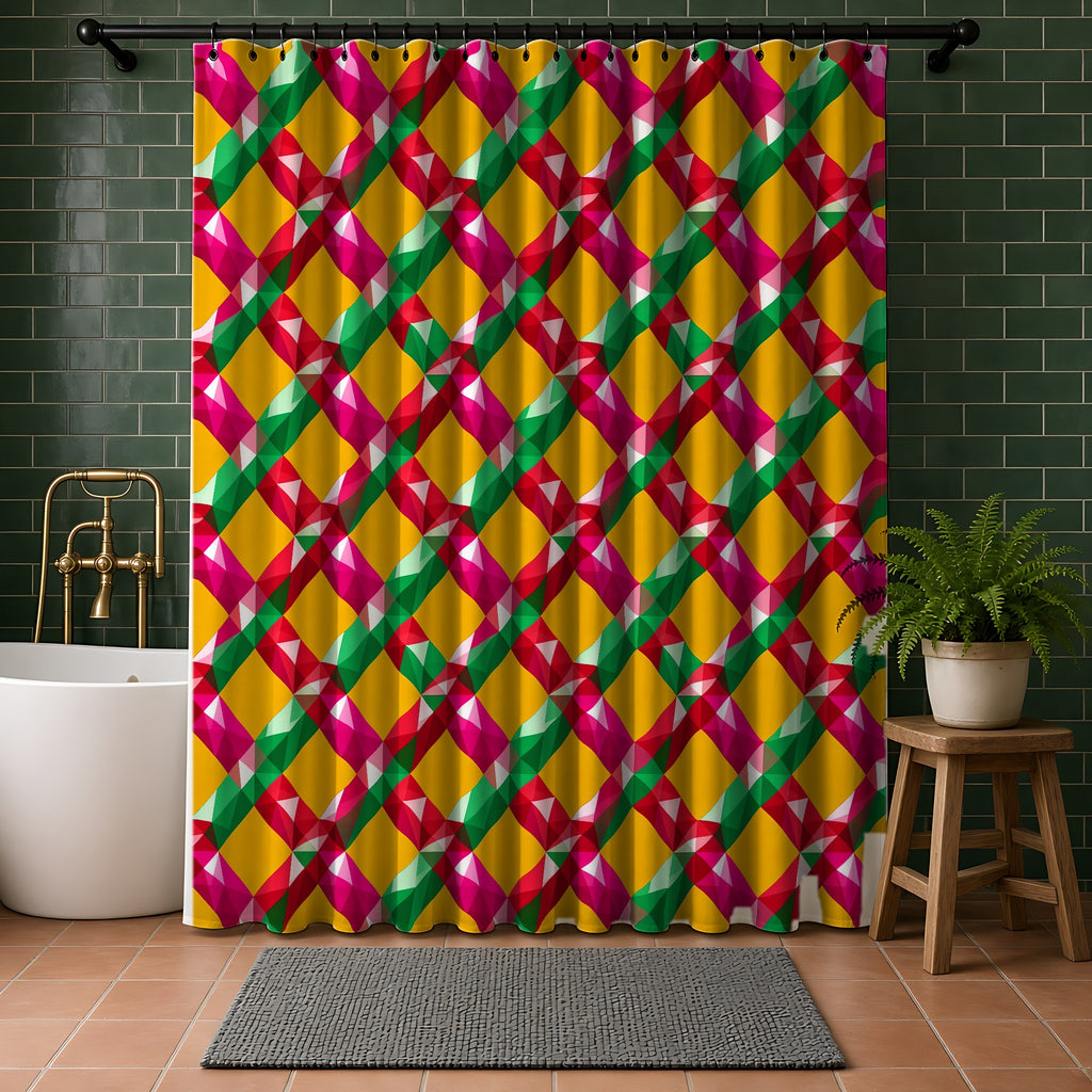 Big Jewel Prism Weave II Shower Curtain in a bathroom with dark green tiles