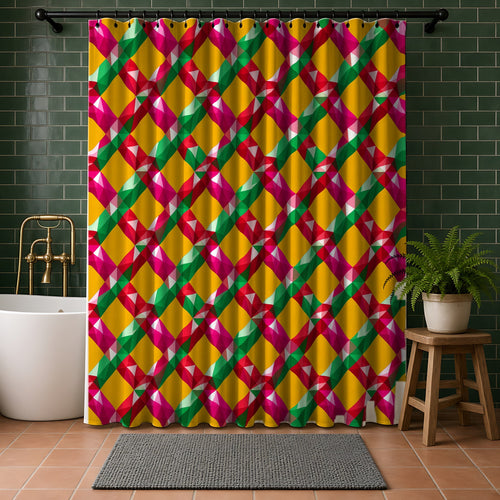 Big Jewel Prism Weave II Shower Curtain in a bathroom with dark green tiles